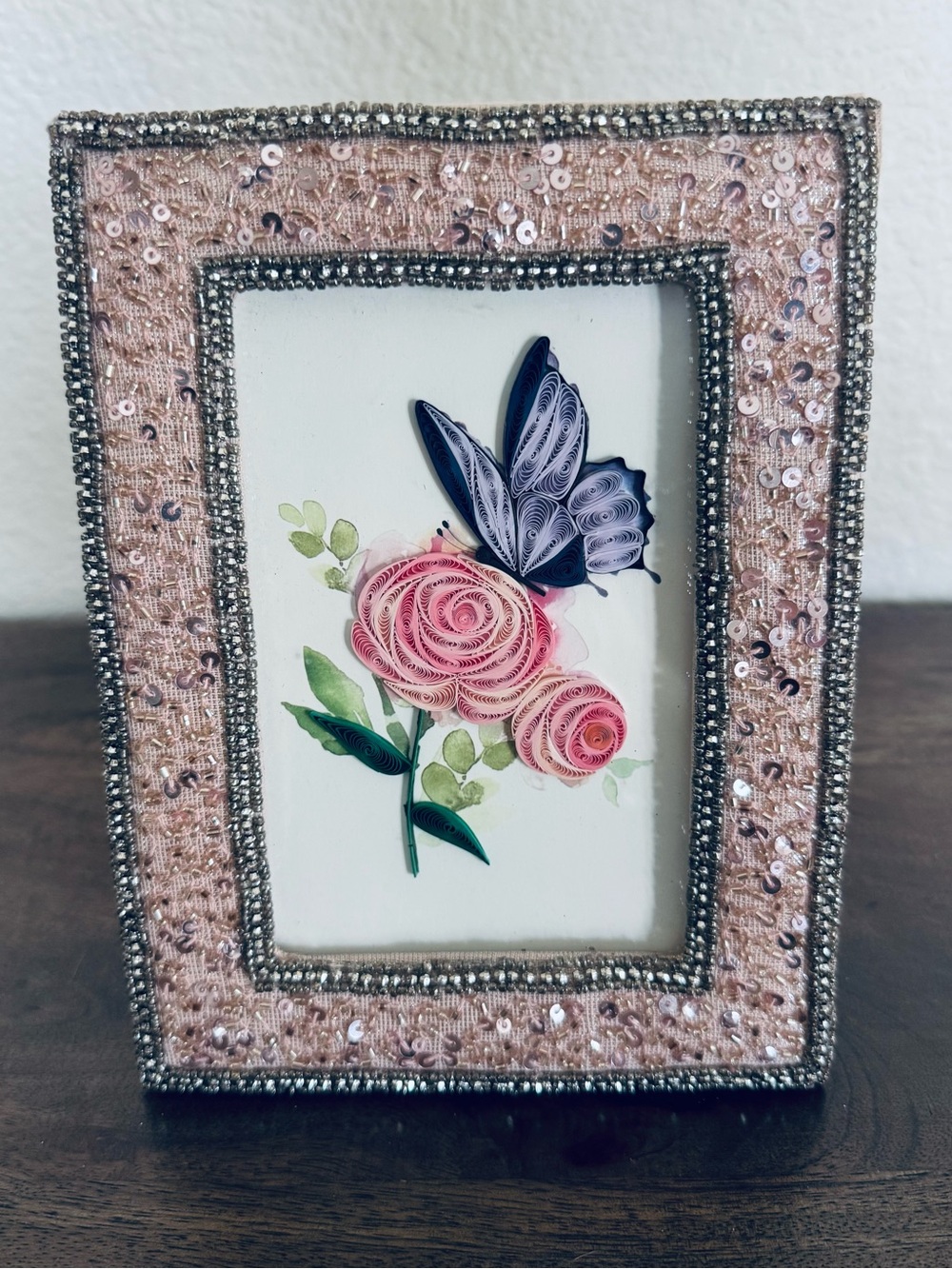 Pink Sequin Butterfly Rose Floral Quill Art Picture Frame